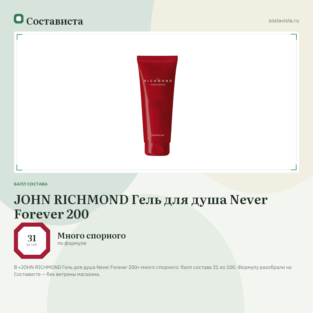 JOHN RICHMOND Гель для душа Never Forever 200: балл состава 31 из 100 — Состависта
