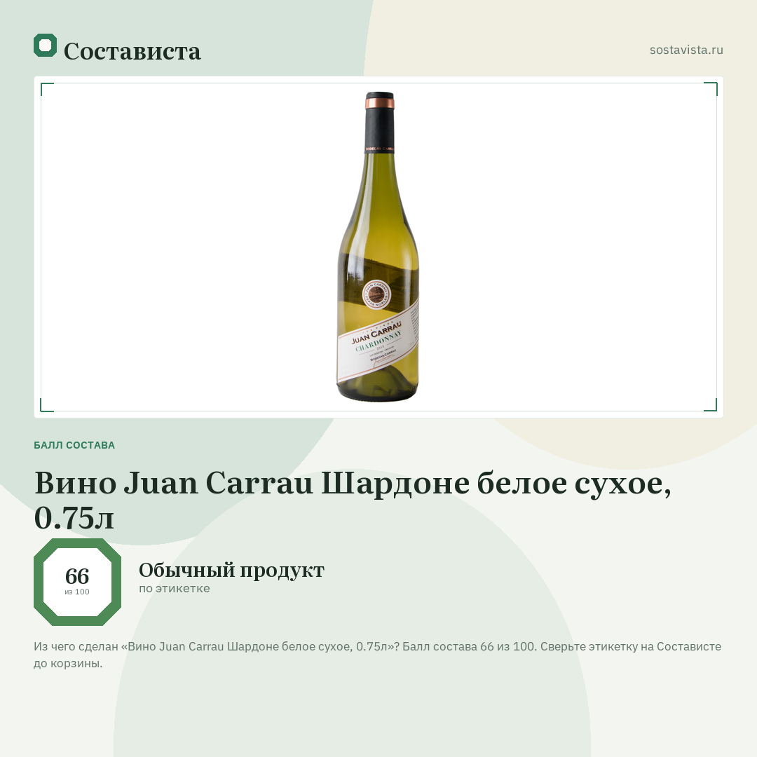 Вино Juan Carrau Шардоне белое сухое, 0.75л: балл состава 66 из 100 — Состависта