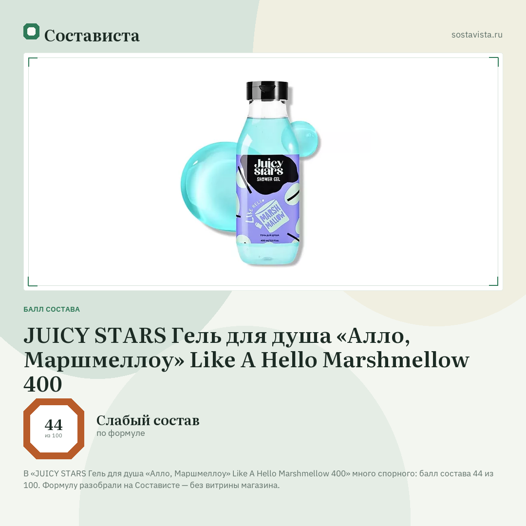 JUICY STARS Гель для душа «Алло, Маршмеллоу» Like A Hello Marshmellow 400: балл состава 44 из 100 — Состависта