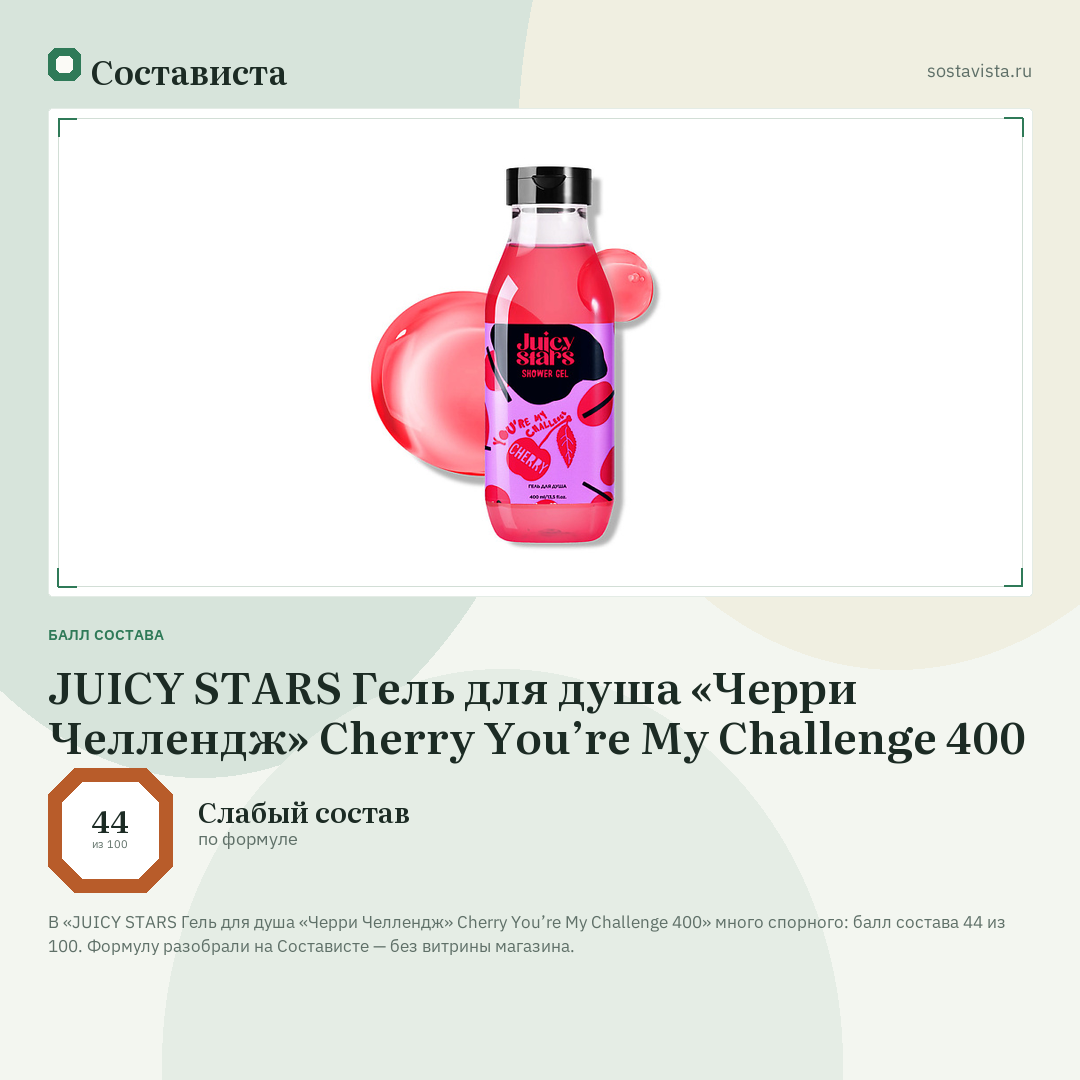 JUICY STARS Гель для душа «Черри Челлендж» Cherry You’re My Challenge 400: балл состава 44 из 100 — Состависта