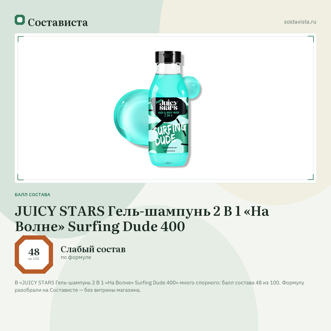 JUICY STARS Гель-шампунь 2 В 1 «На Волне» Surfing Dude 400: балл состава 48 из 100 — Состависта