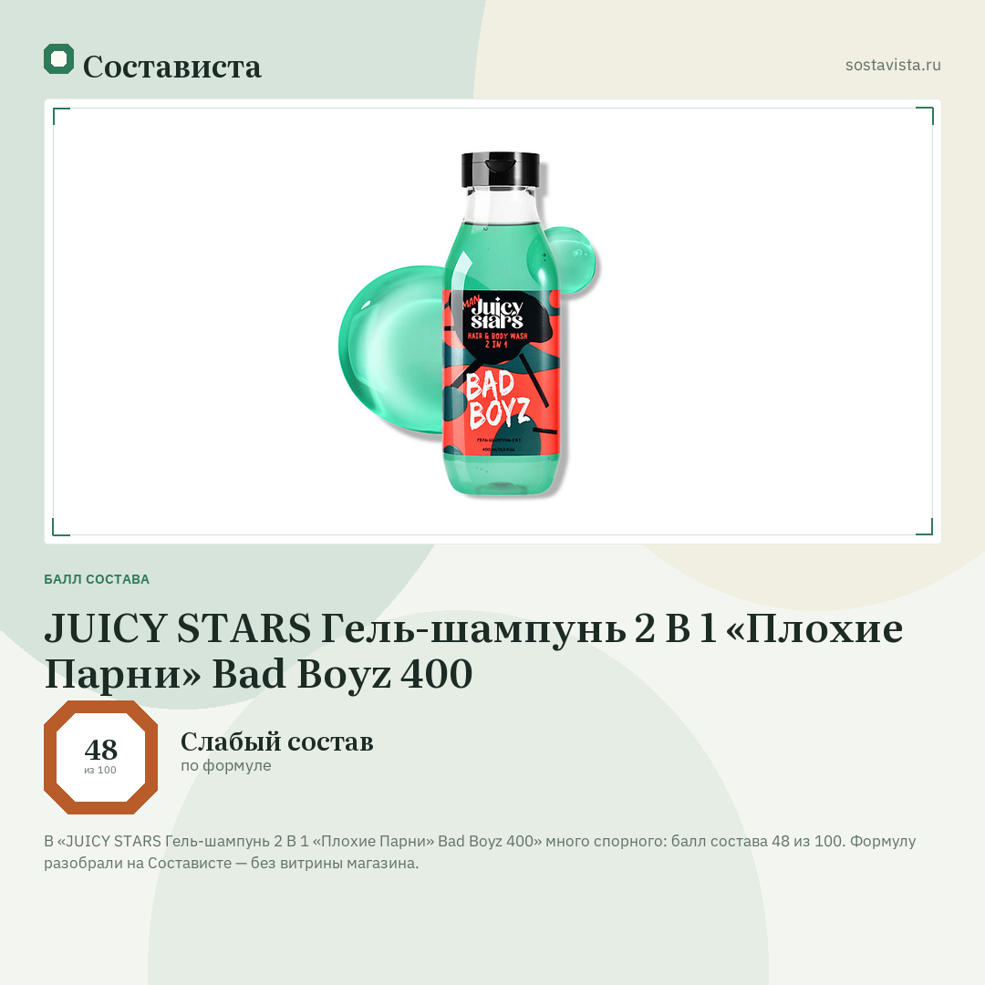 JUICY STARS Гель-шампунь 2 В 1 «Плохие Парни» Bad Boyz 400: балл состава 48 из 100 — Состависта