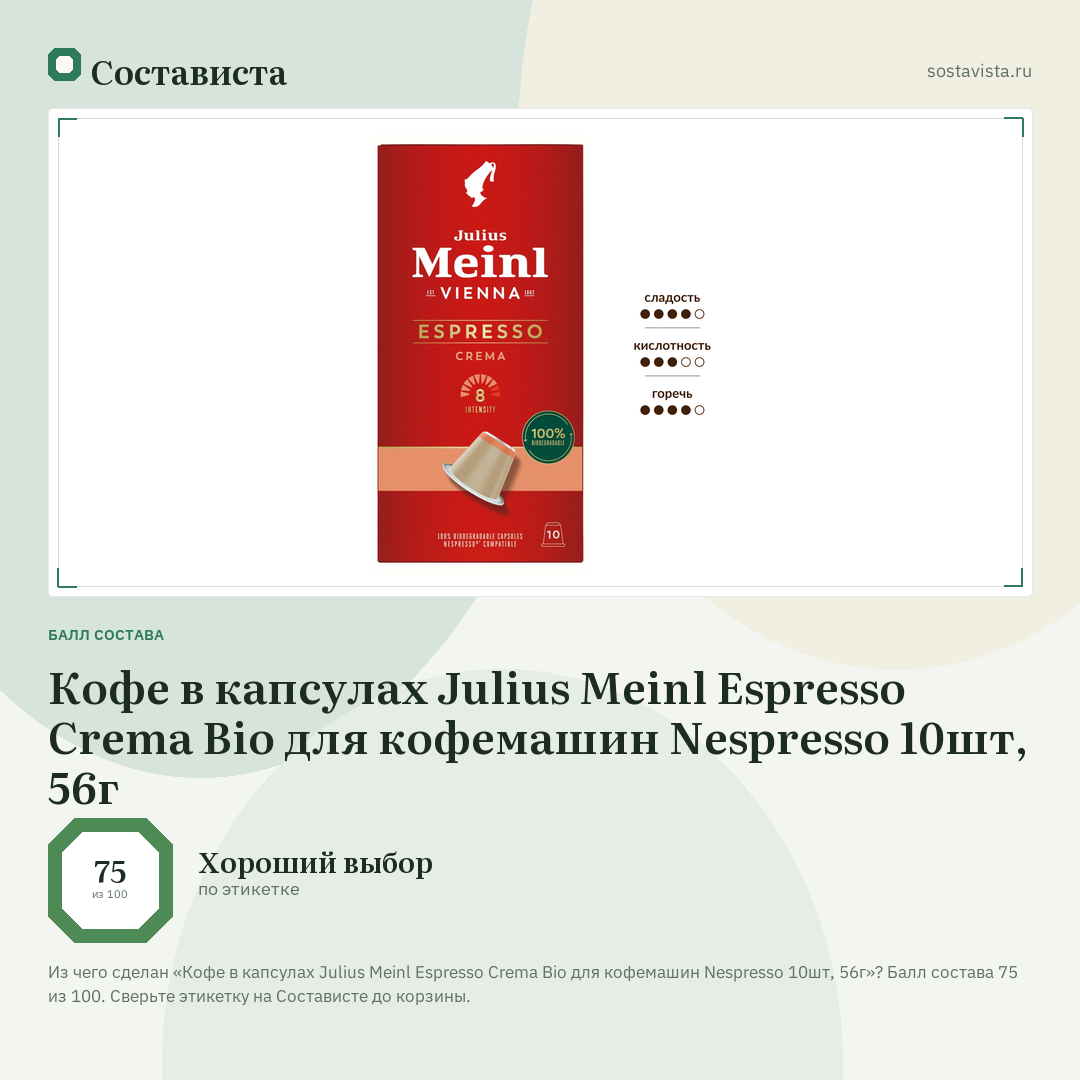 Кофе в капсулах Julius Meinl Espresso Crema Bio для кофемашин Nespresso 10шт, 56г: балл состава 75 из 100 — Состависта