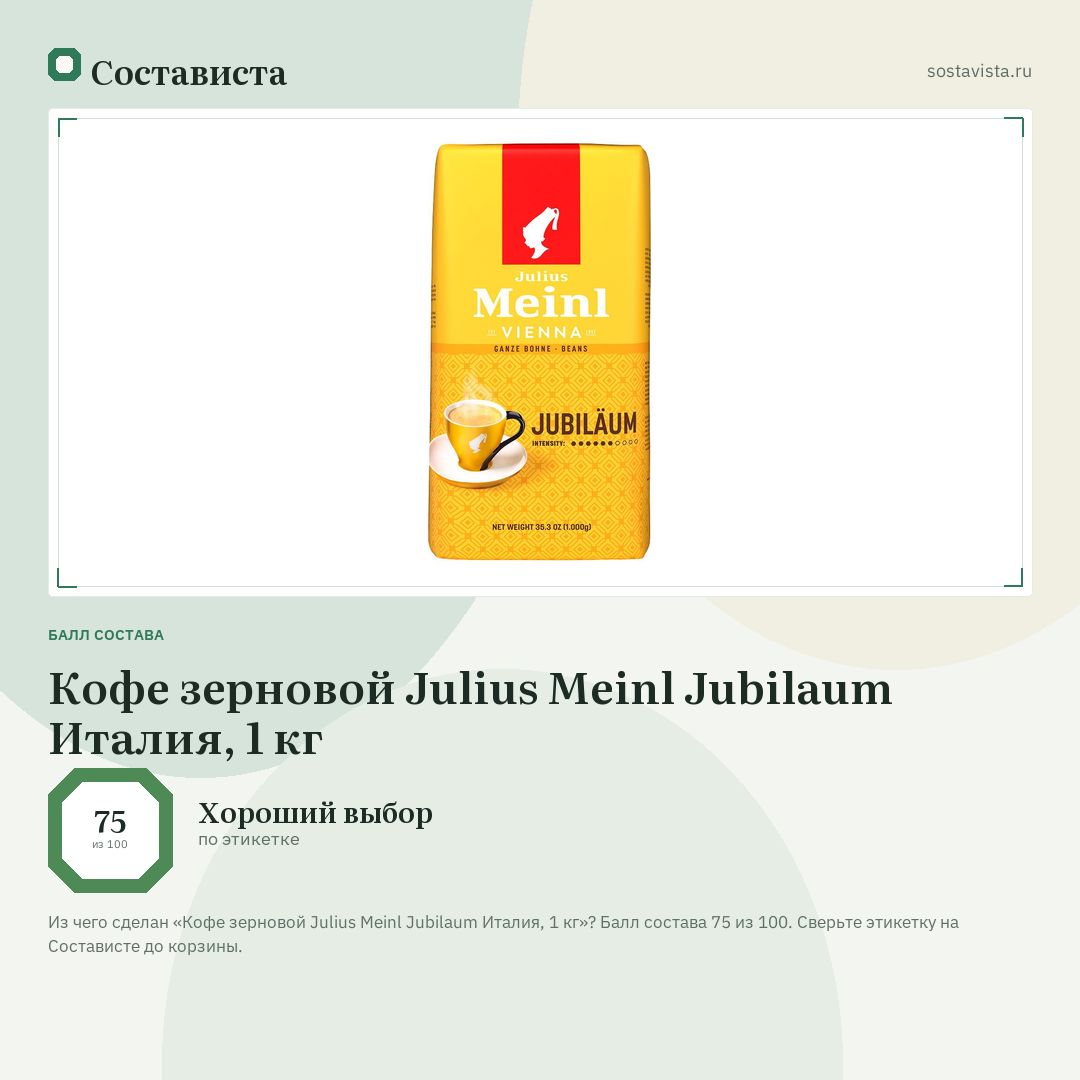 Кофе зерновой Julius Meinl Jubilaum Италия, 1 кг: балл состава 75 из 100 — Состависта