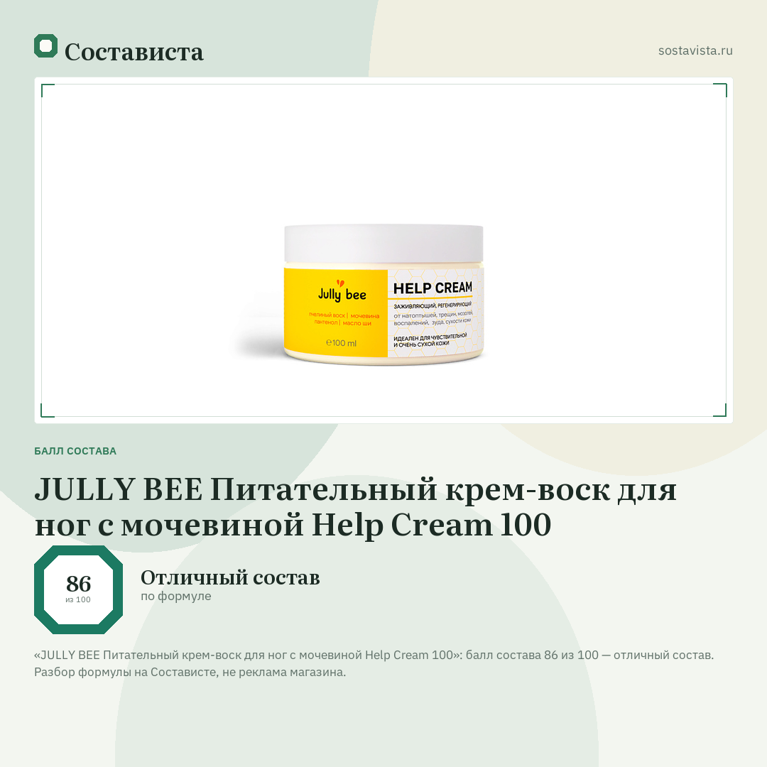 JULLY BEE Питательный крем-воск для ног с мочевиной Help Cream 100: балл состава 86 из 100 — Состависта