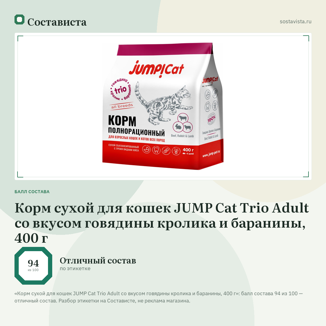 Корм сухой для кошек JUMP Cat Trio Adult со вкусом говядины кролика и баранины, 400 г: балл состава 94 из 100 — Состависта