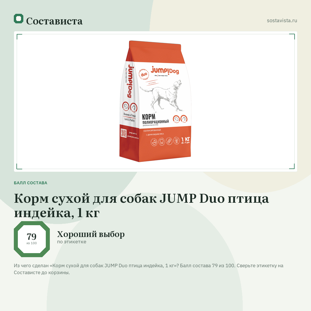 Корм сухой для собак JUMP Duo птица индейка, 1 кг: балл состава 79 из 100 — Состависта