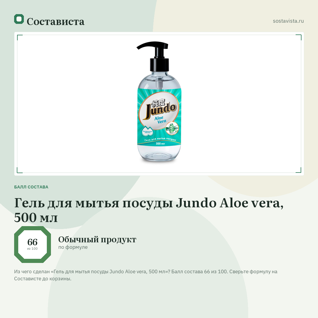 Гель для мытья посуды Jundo Аloe vera, 500 мл: балл состава 66 из 100 — Состависта