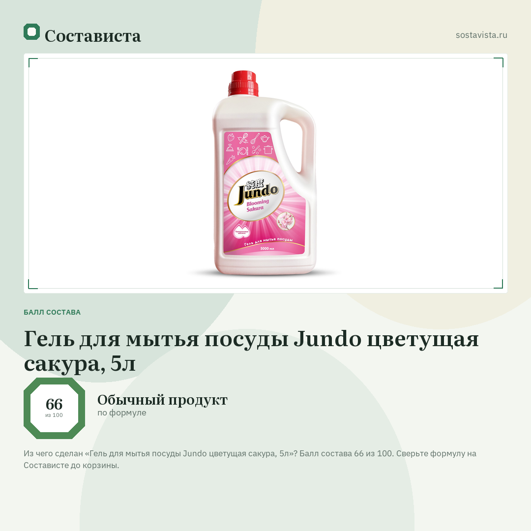 Гель для мытья посуды Jundo цветущая сакура, 5л: балл состава 66 из 100 — Состависта