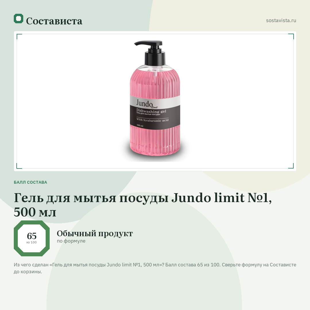 Гель для мытья посуды Jundo limit №1, 500 мл: балл состава 65 из 100 — Состависта