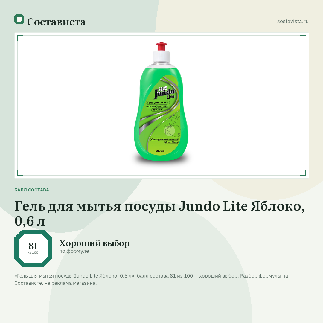 Гель для мытья посуды Jundo Lite Яблоко, 0,6 л: балл состава 81 из 100 — Состависта
