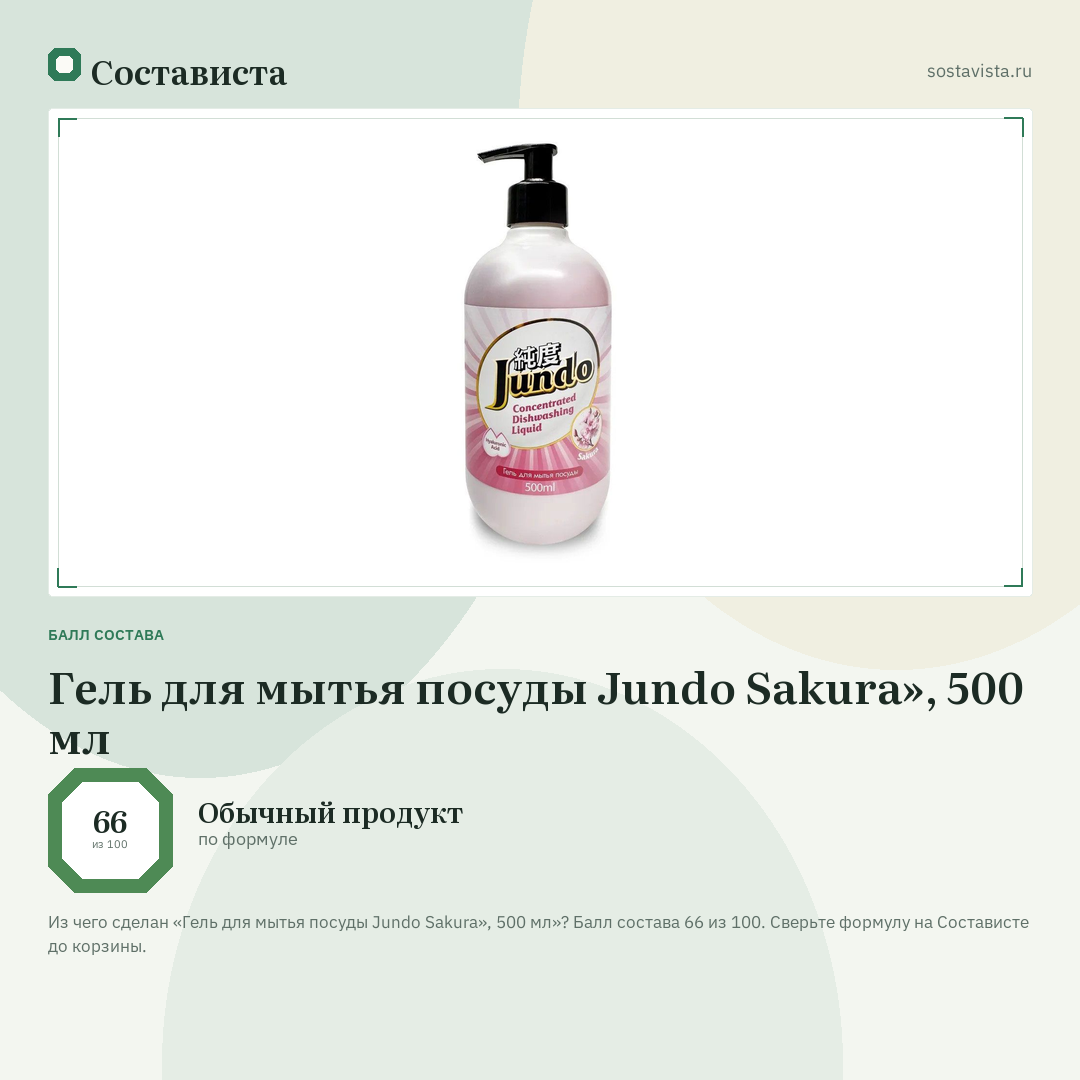 Гель для мытья посуды Jundo Sakura», 500 мл: балл состава 66 из 100 — Состависта