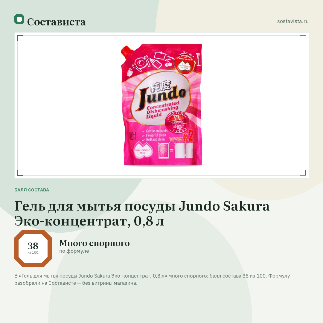 Гель для мытья посуды Jundo Sakura Эко-концентрат, 0,8 л: балл состава 38 из 100 — Состависта