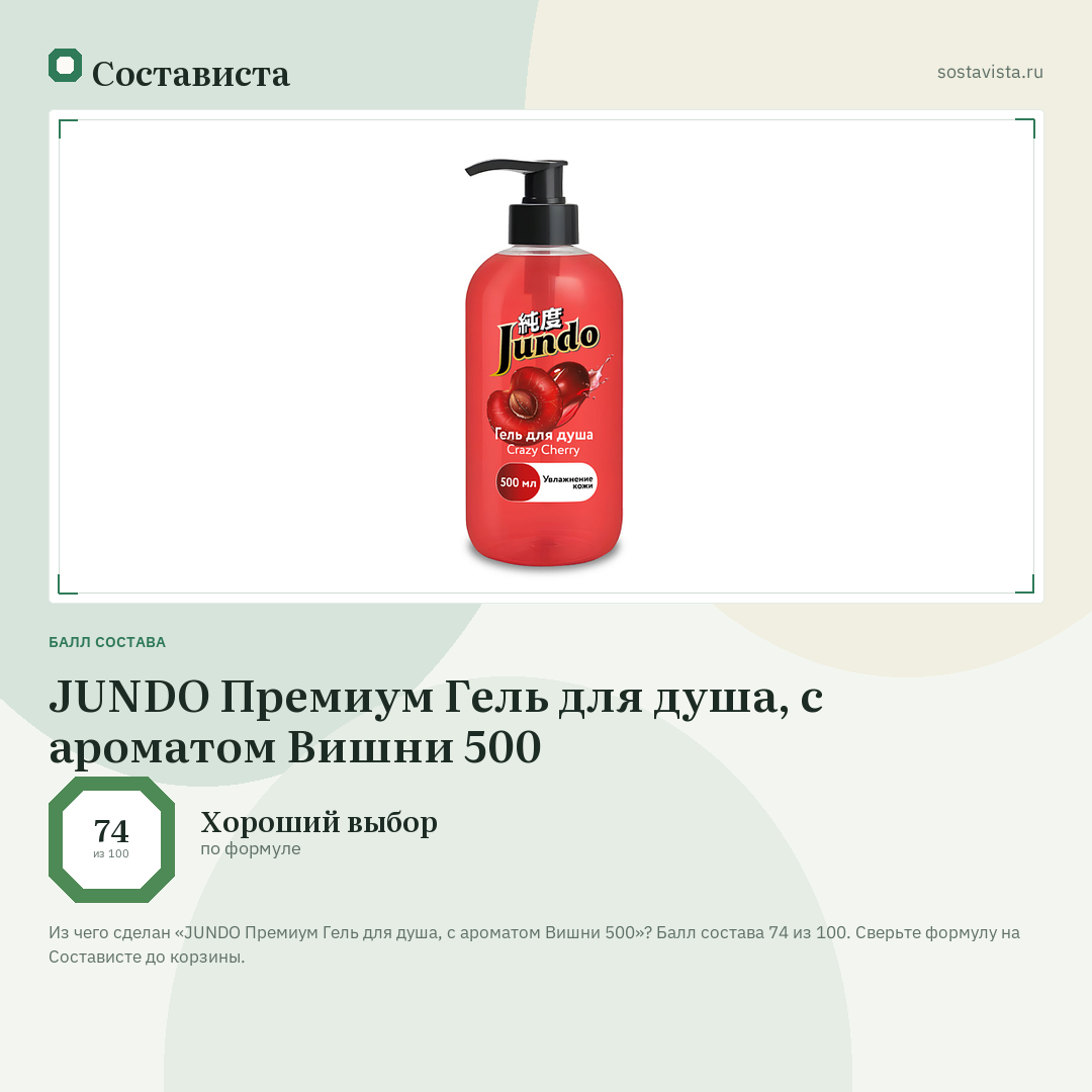 JUNDO Премиум Гель для душа, с ароматом Вишни 500: балл состава 74 из 100 — Состависта