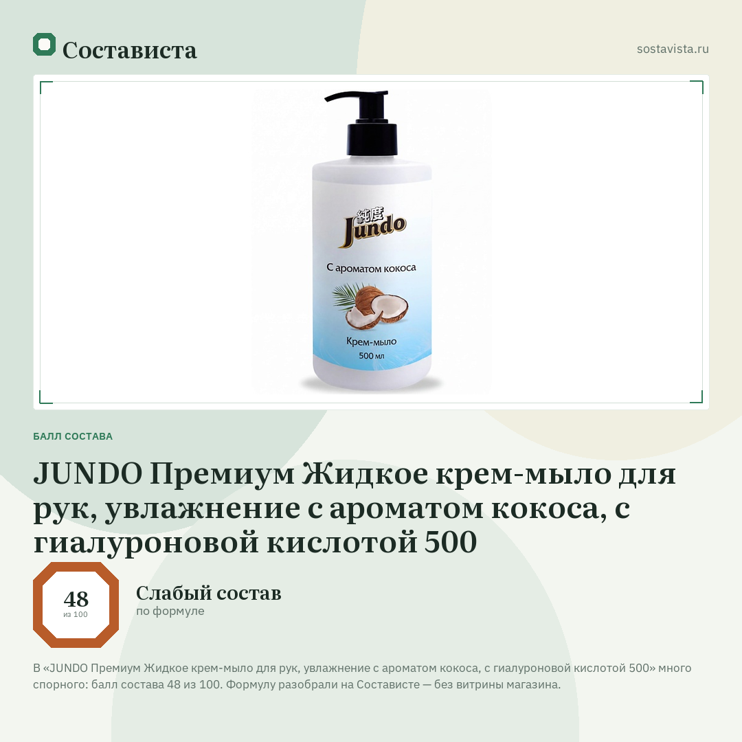 JUNDO Премиум Жидкое крем-мыло для рук, увлажнение с ароматом кокоса, с гиалуроновой кислотой 500: балл состава 48 из 100 — Состависта