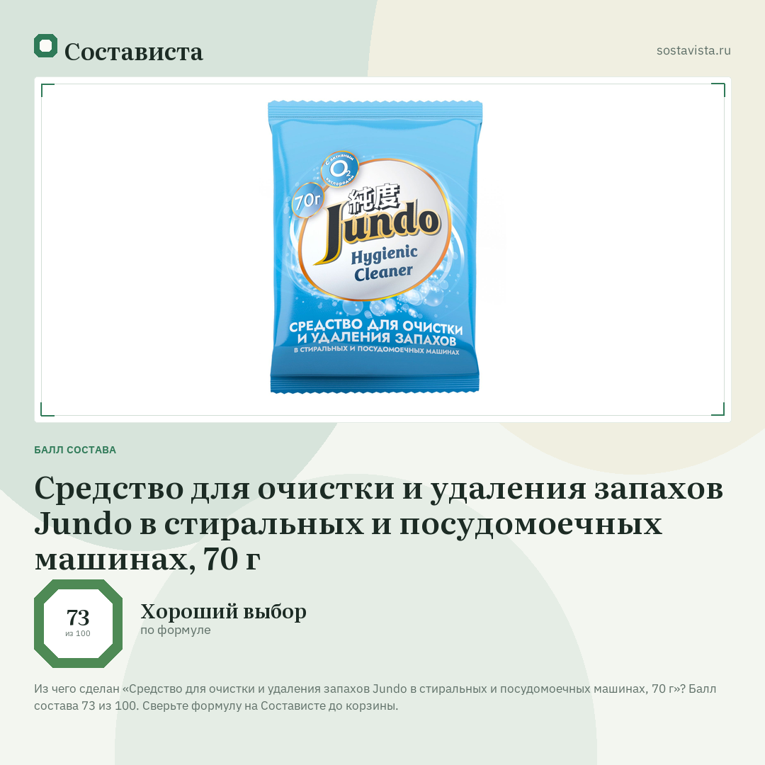 Средство для очистки и удаления запахов Jundo в стиральных и посудомоечных машинах, 70 г: балл состава 73 из 100 — Состависта
