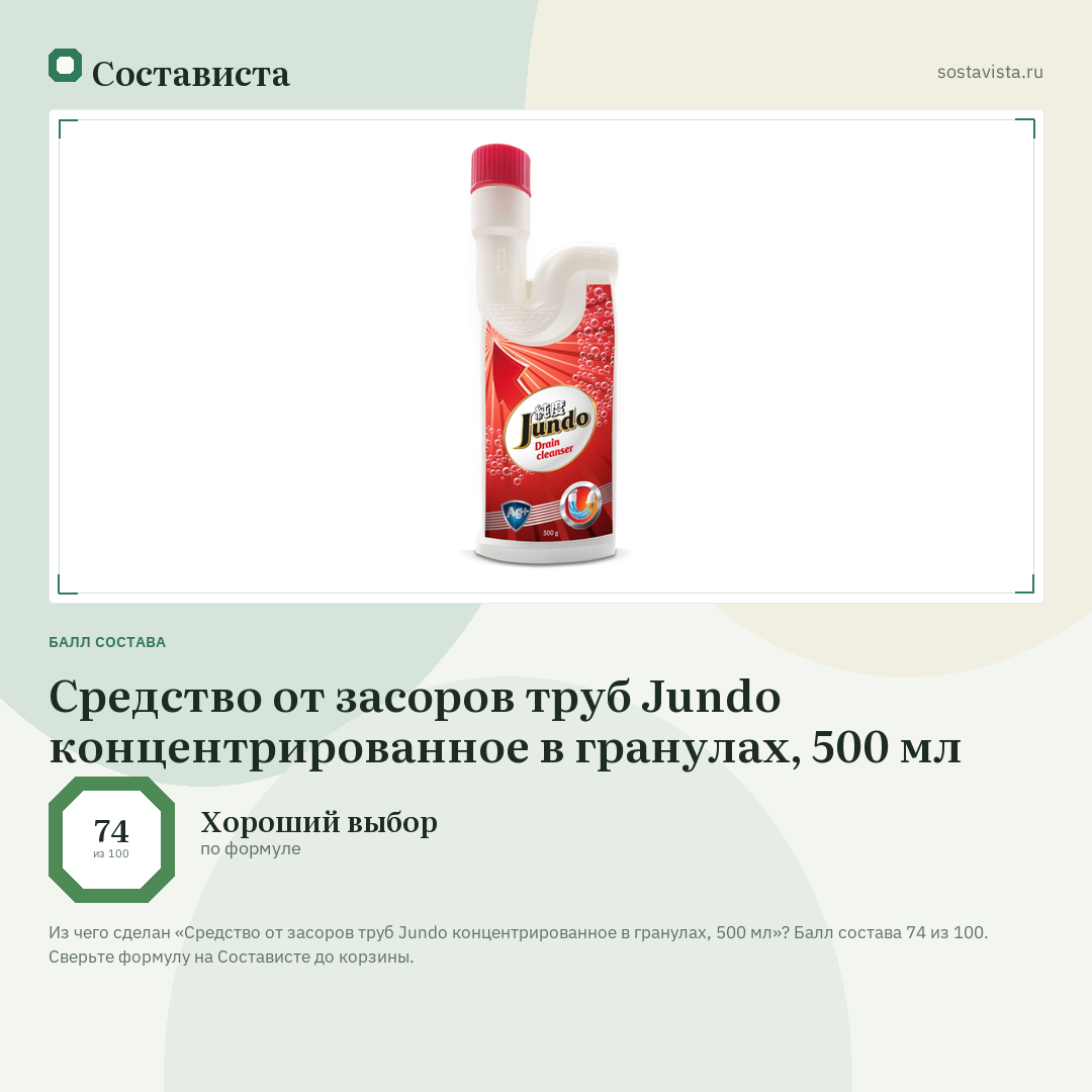 Средство от засоров труб Jundo концентрированное в гранулах, 500 мл: балл состава 74 из 100 — Состависта