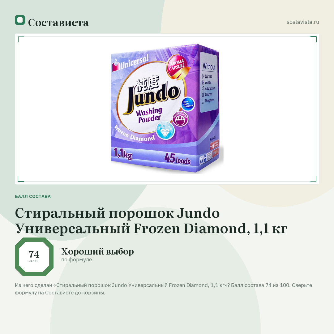 Стиральный порошок Jundo Универсальный Frozen Diamond, 1,1 кг: балл состава 74 из 100 — Состависта