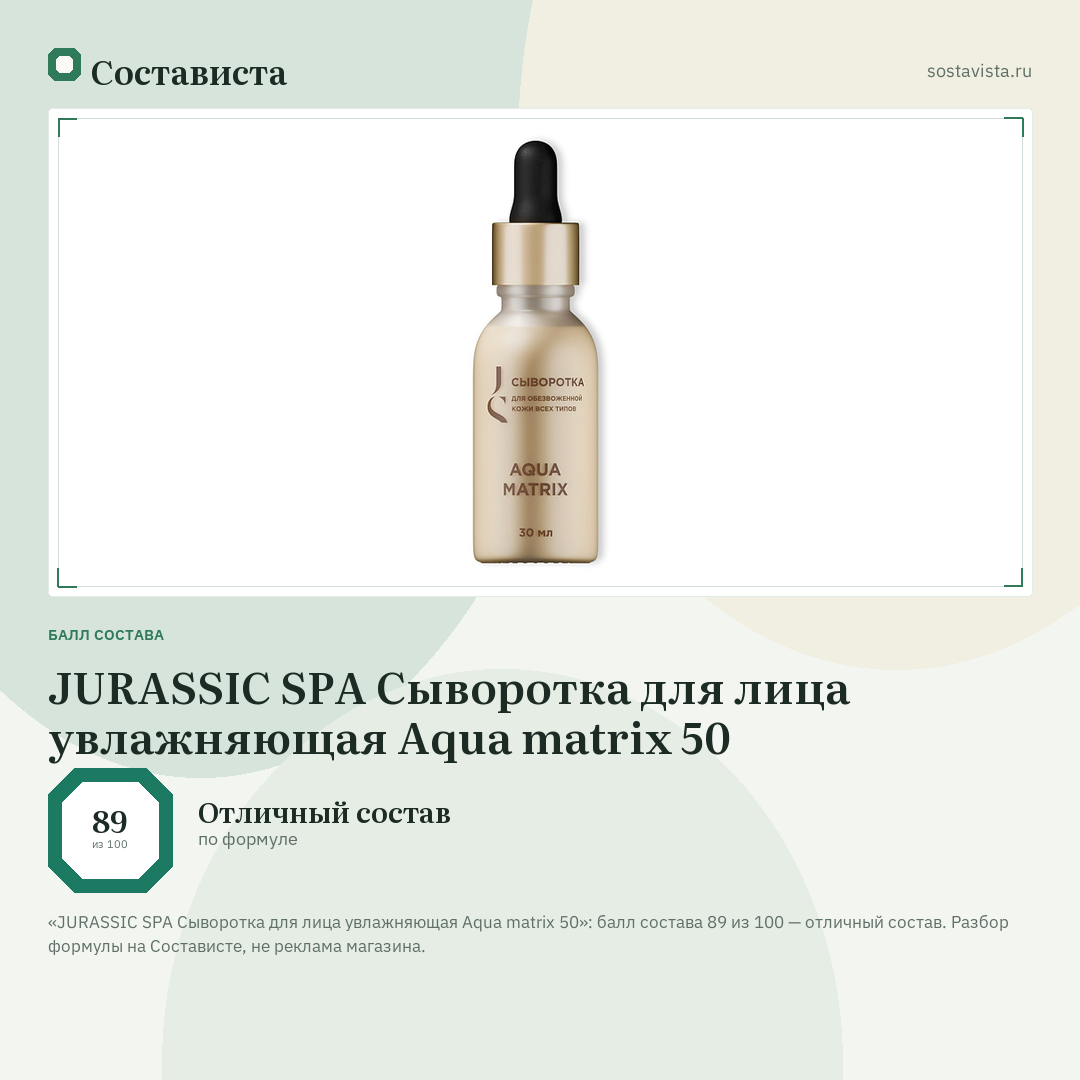 JURASSIC SPA Сыворотка для лица увлажняющая Aqua matrix 50: балл состава 89 из 100 — Состависта