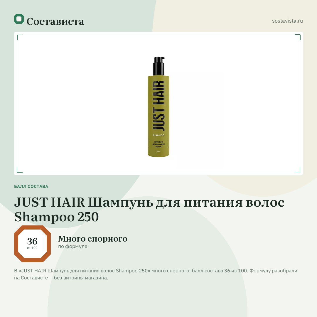 JUST HAIR Шампунь для питания волос Shampoo 250: балл состава 36 из 100 — Состависта