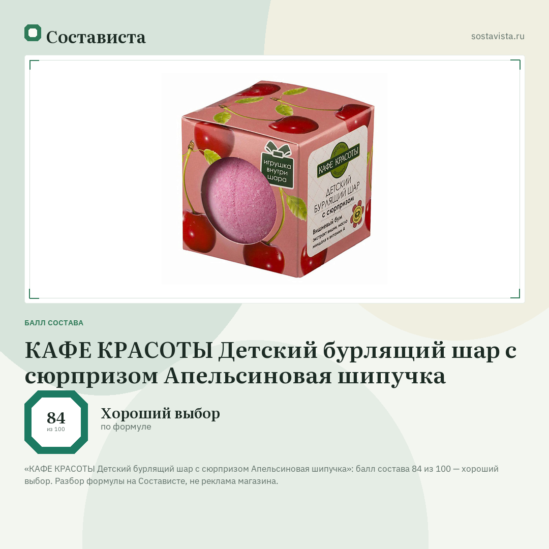 КАФЕ КРАСОТЫ Детский бурлящий шар с сюрпризом Апельсиновая шипучка: балл состава 84 из 100 — Состависта
