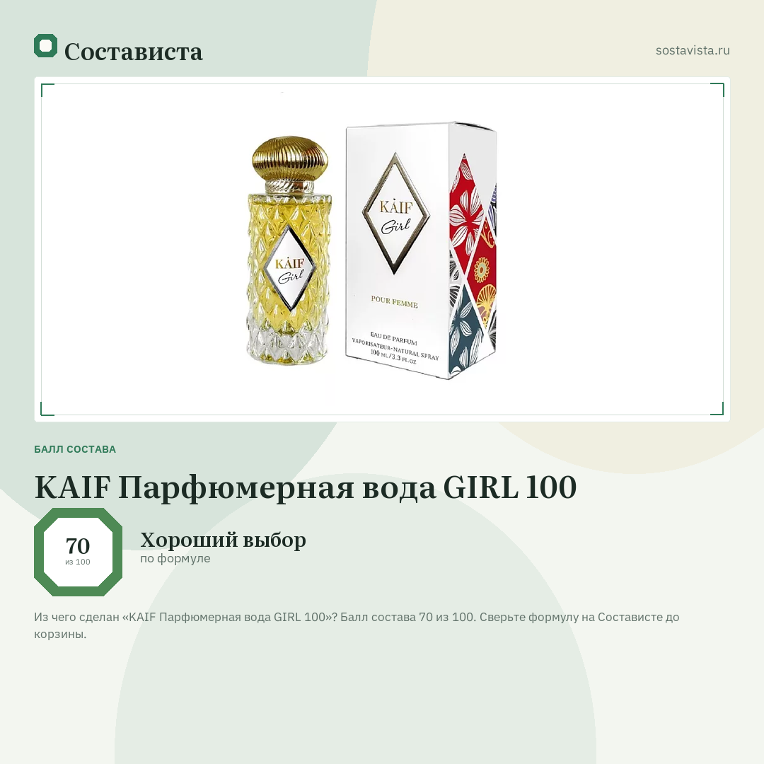 KAIF Парфюмерная вода GIRL 100: балл состава 70 из 100 — Состависта