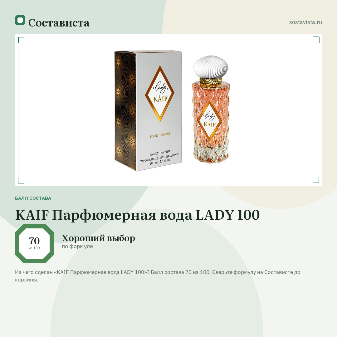 KAIF Парфюмерная вода LADY 100: балл состава 70 из 100 — Состависта
