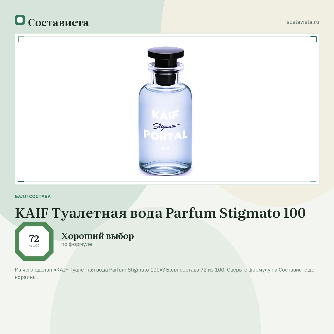 KAIF Туалетная вода Parfum Stigmato 100: балл состава 72 из 100 — Состависта