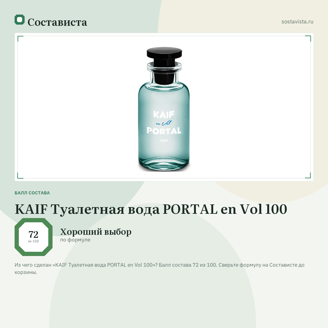 KAIF Туалетная вода PORTAL en Vol 100: балл состава 72 из 100 — Состависта