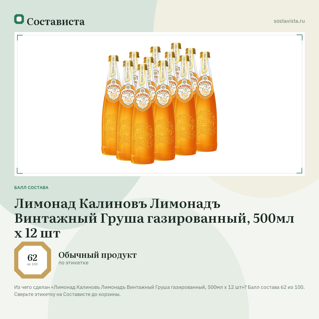 Лимонад Калиновъ Лимонадъ Винтажный Груша газированный, 500мл x 12 шт: балл состава 62 из 100 — Состависта