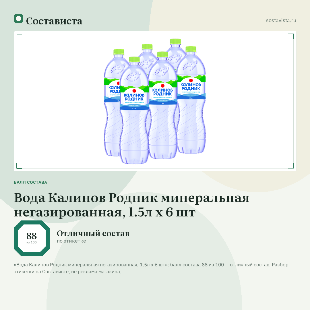 Вода Калинов Родник минеральная негазированная, 1.5л x 6 шт: балл состава 88 из 100 — Состависта