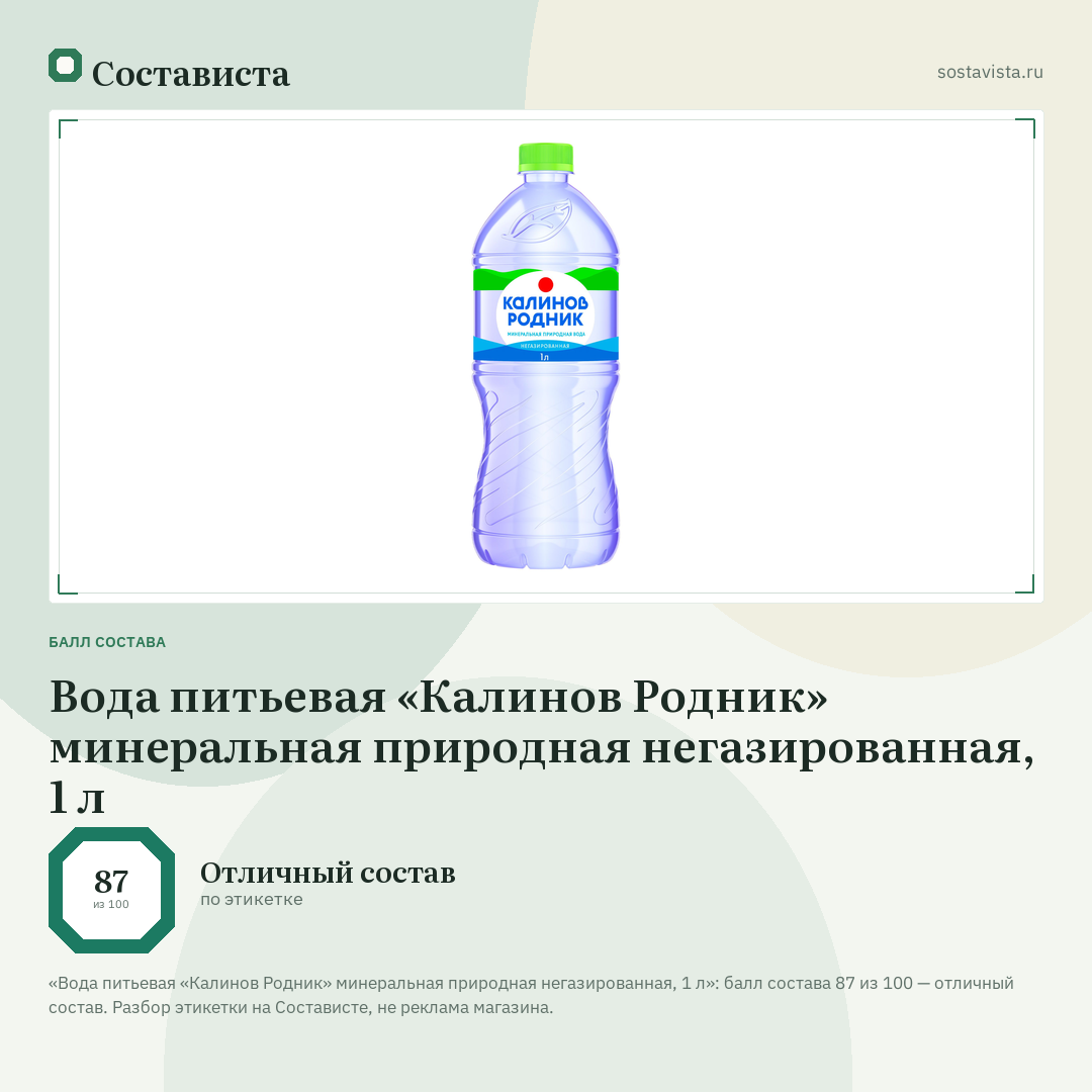 Вода питьевая «Калинов Родник» минеральная природная негазированная, 1 л: балл состава 87 из 100 — Состависта