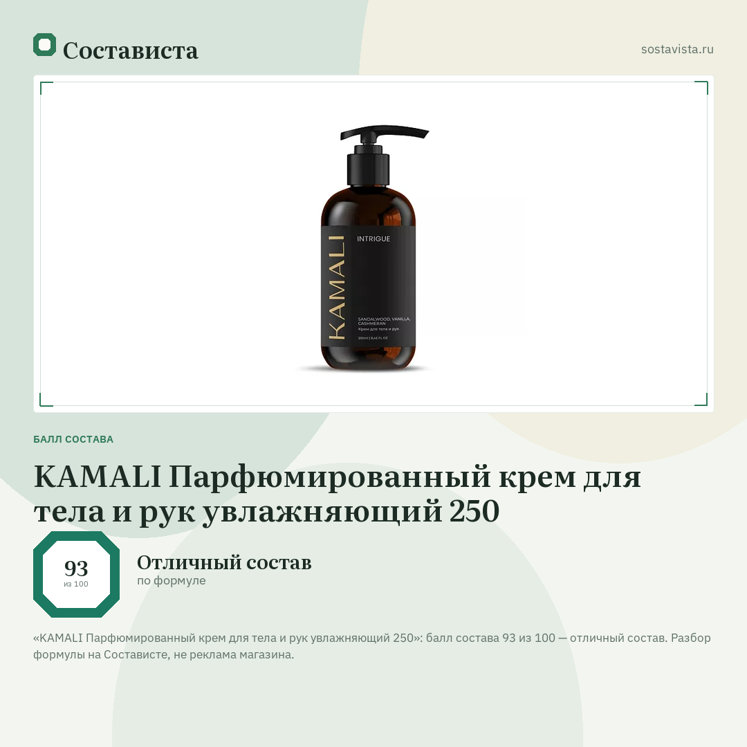 KAMALI Парфюмированный крем для тела и рук увлажняющий 250: балл состава 93 из 100 — Состависта