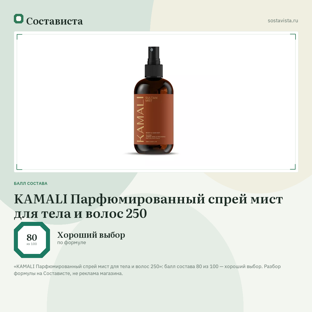 KAMALI Парфюмированный спрей мист для тела и волос 250: балл состава 80 из 100 — Состависта