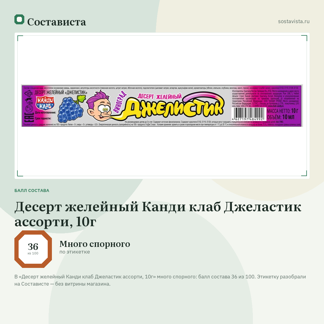 Десерт желейный Канди клаб Джеластик ассорти, 10г: балл состава 36 из 100 — Состависта