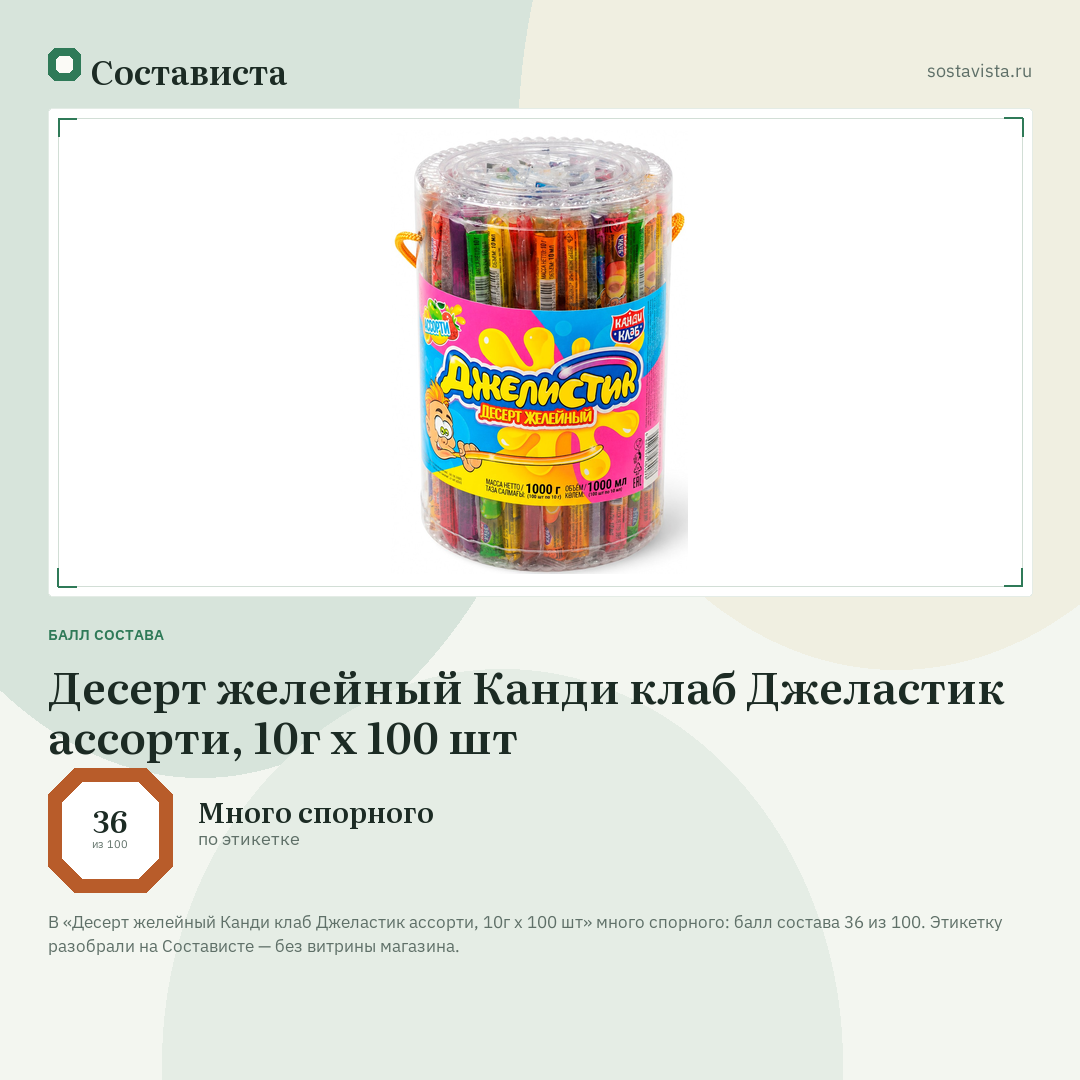Десерт желейный Канди клаб Джеластик ассорти, 10г x 100 шт: балл состава 36 из 100 — Состависта