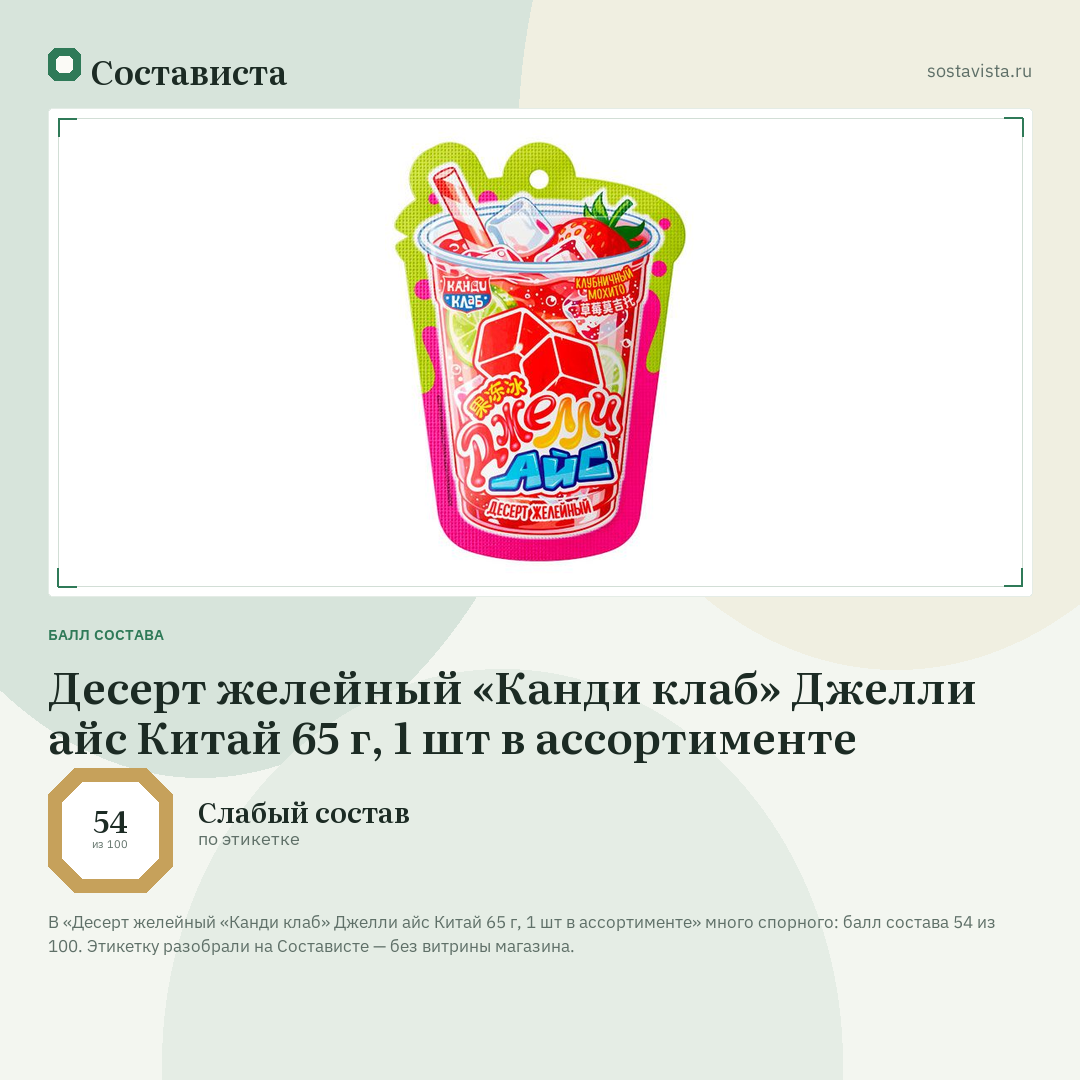 Десерт желейный «Канди клаб» Джелли айс Китай 65 г, 1 шт в ассортименте: балл состава 54 из 100 — Состависта