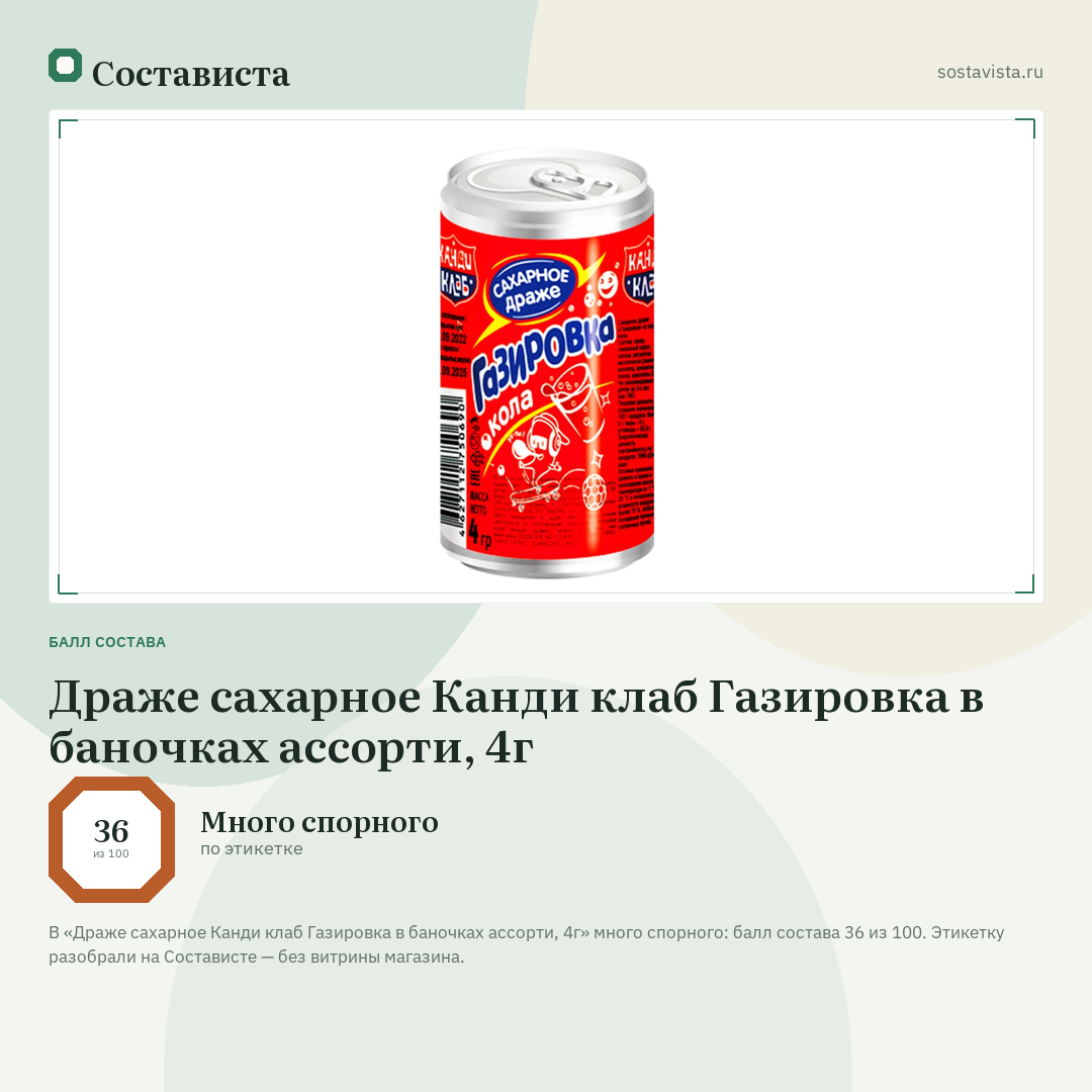 Драже сахарное Канди клаб Газировка в баночках ассорти, 4г: балл состава 36 из 100 — Состависта