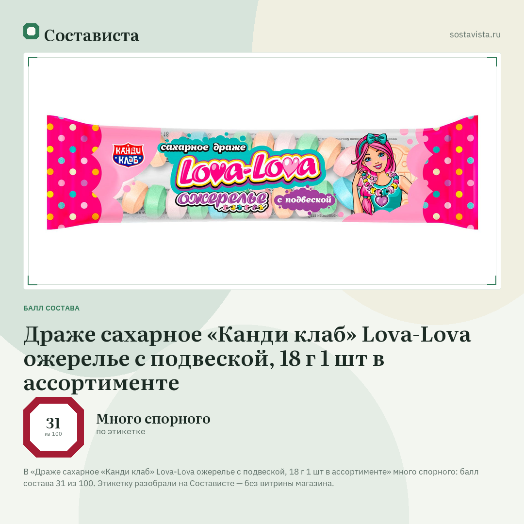 Драже сахарное «Канди клаб» Lova-Lova ожерелье с подвеской, 18 г 1 шт в ассортименте: балл состава 31 из 100 — Состависта