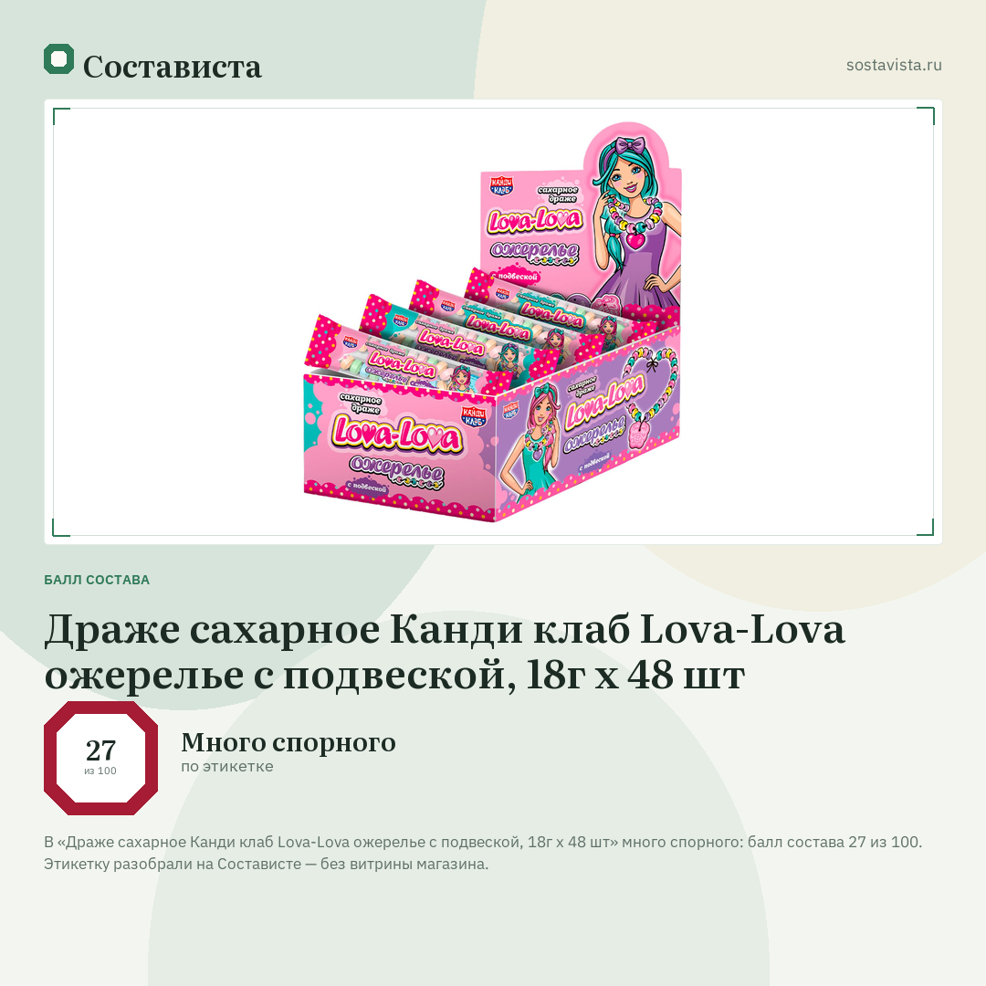 Драже сахарное Канди клаб Lova-Lova ожерелье с подвеской, 18г x 48 шт: балл состава 27 из 100 — Состависта
