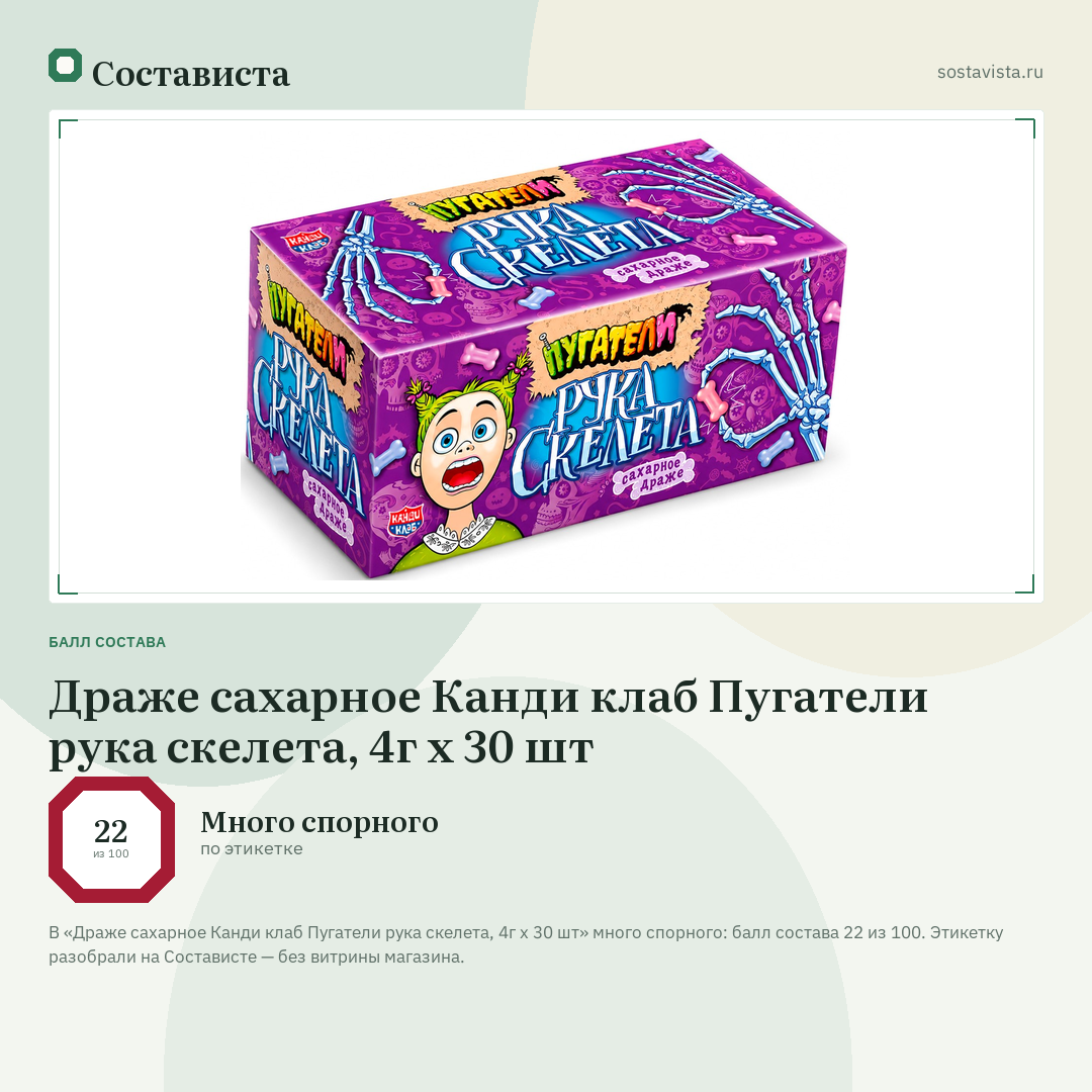 Драже сахарное Канди клаб Пугатели рука скелета, 4г x 30 шт: балл состава 22 из 100 — Состависта