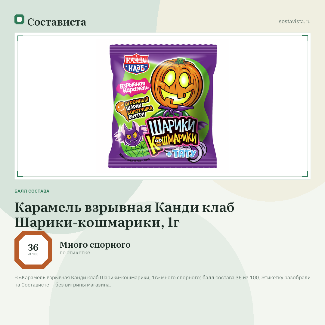 Карамель взрывная Канди клаб Шарики-кошмарики, 1г: балл состава 36 из 100 — Состависта