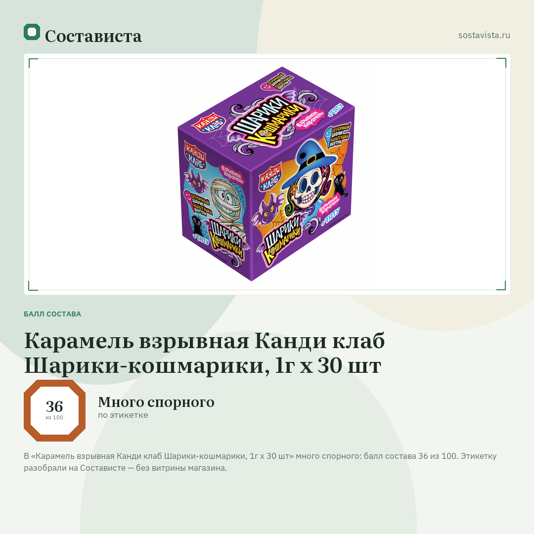 Карамель взрывная Канди клаб Шарики-кошмарики, 1г x 30 шт: балл состава 36 из 100 — Состависта