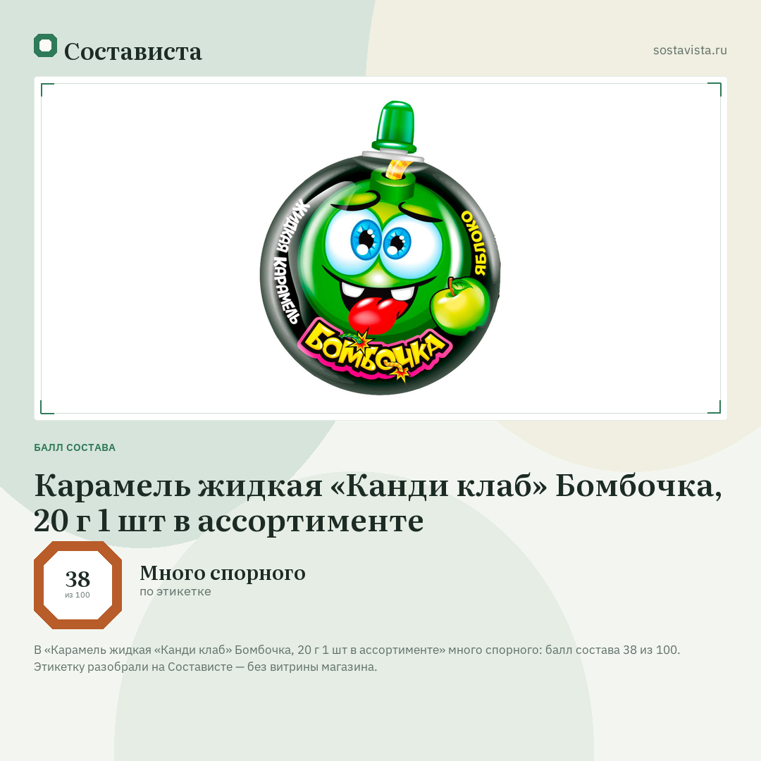 Карамель жидкая «Канди клаб» Бомбочка, 20 г 1 шт в ассортименте: балл состава 38 из 100 — Состависта