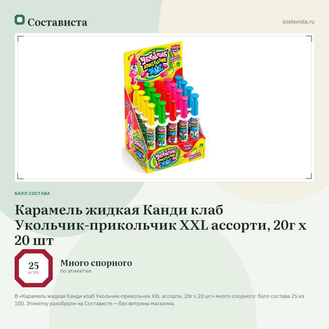 Карамель жидкая Канди клаб Укольчик-прикольчик XXL ассорти, 20г x 20 шт: балл состава 25 из 100 — Состависта