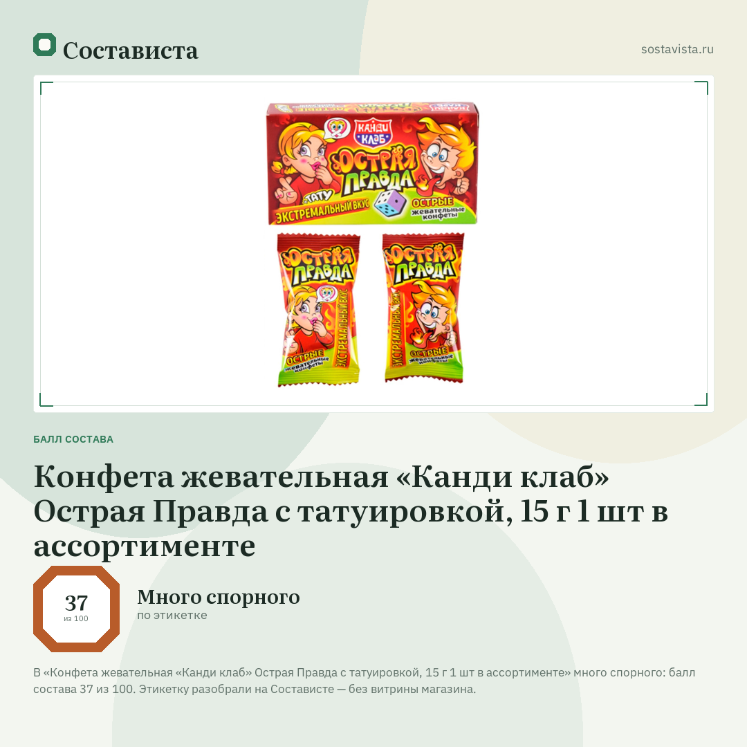 Конфета жевательная «Канди клаб» Острая Правда с татуировкой, 15 г 1 шт в ассортименте: балл состава 37 из 100 — Состависта