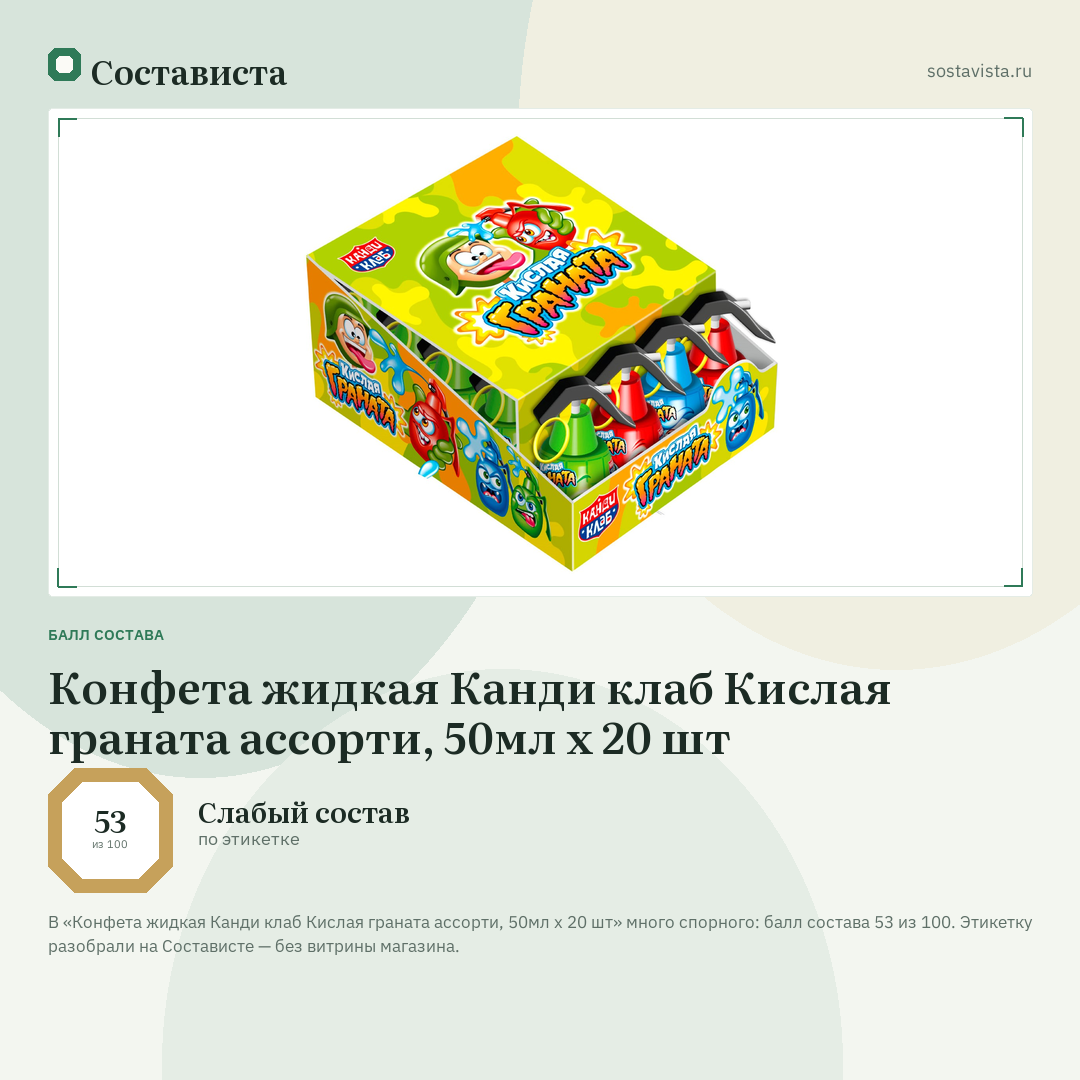 Конфета жидкая Канди клаб Кислая граната ассорти, 50мл x 20 шт: балл состава 53 из 100 — Состависта