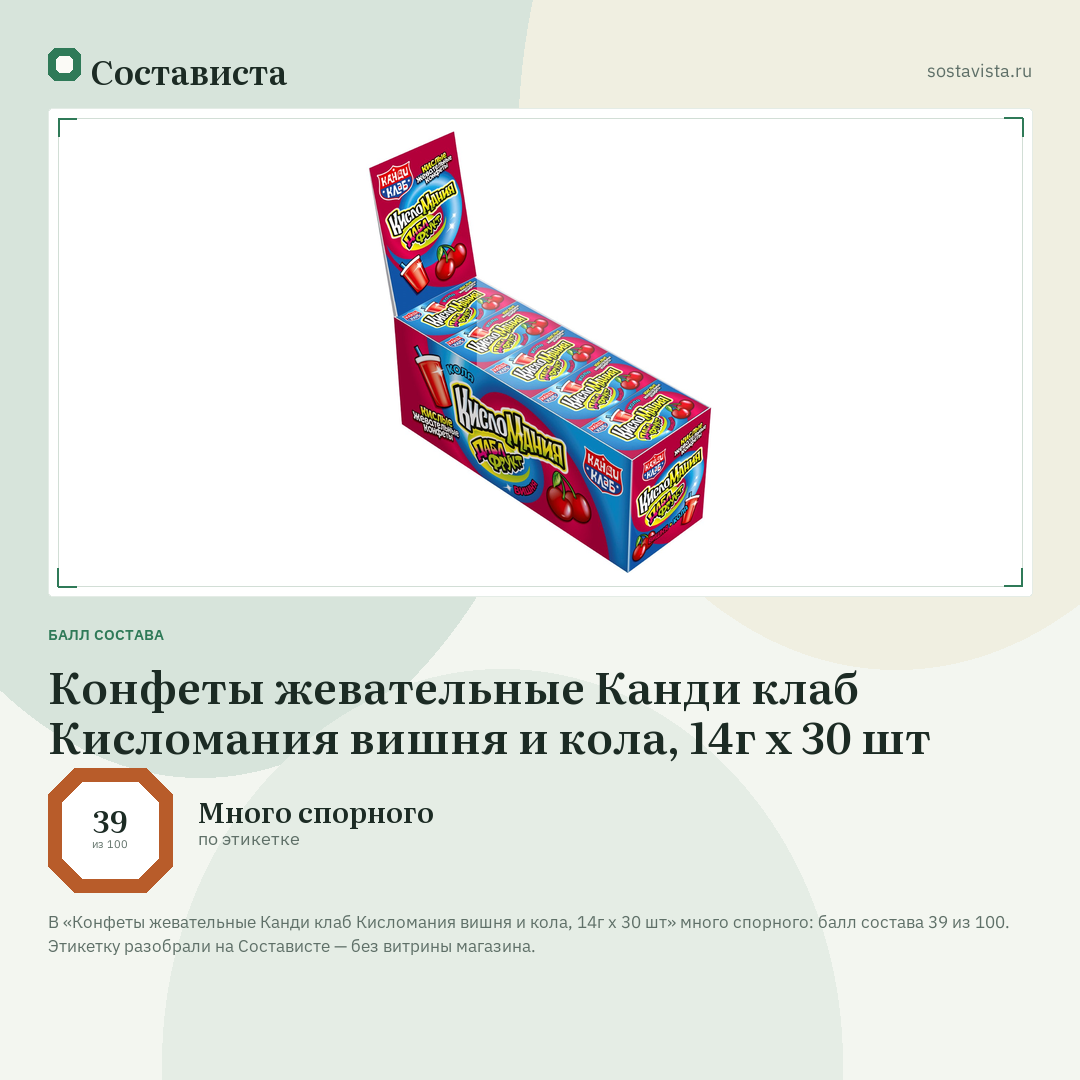 Конфеты жевательные Канди клаб Кисломания вишня и кола, 14г x 30 шт: балл состава 39 из 100 — Состависта
