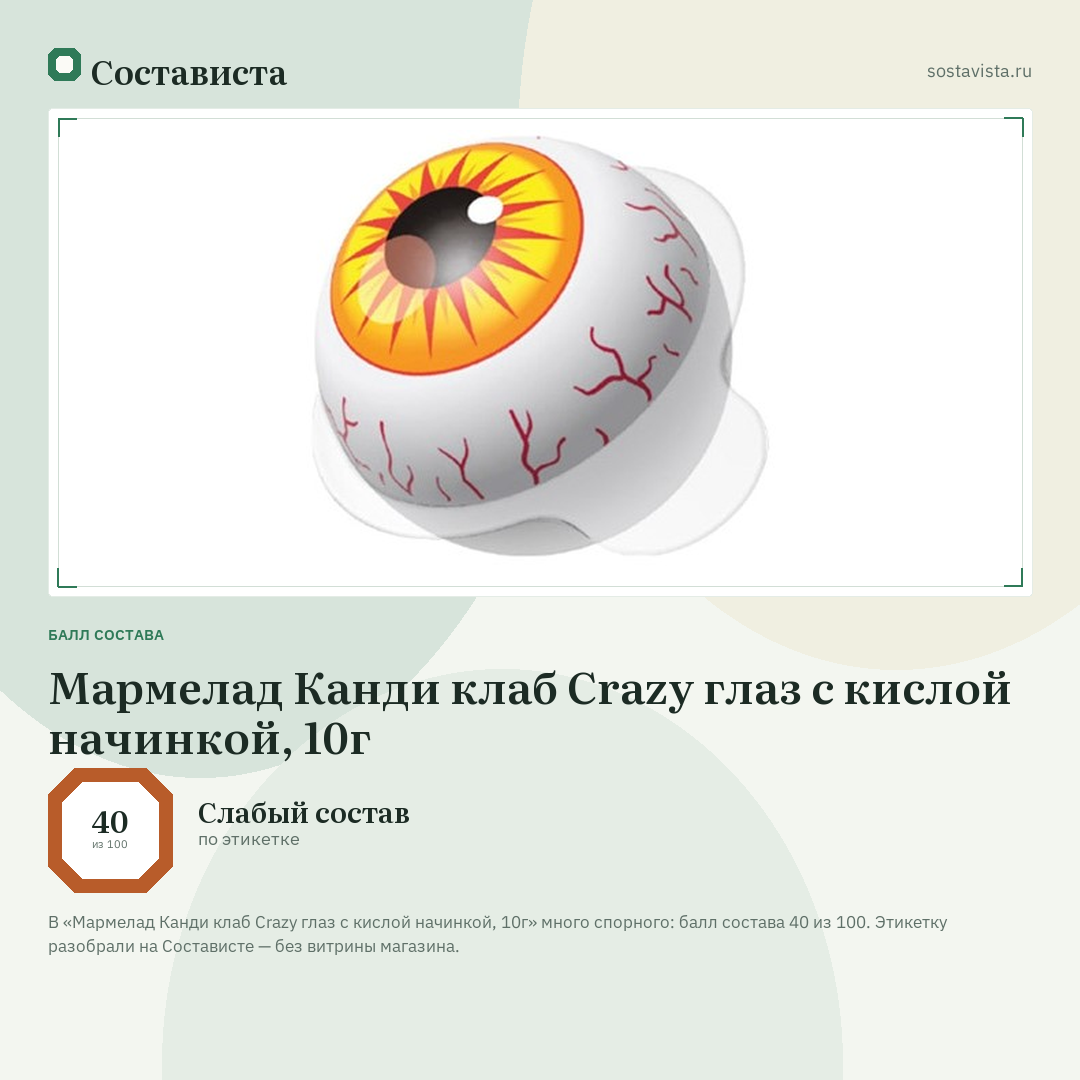 Мармелад Канди клаб Crazy глаз с кислой начинкой, 10г: балл состава 40 из 100 — Состависта