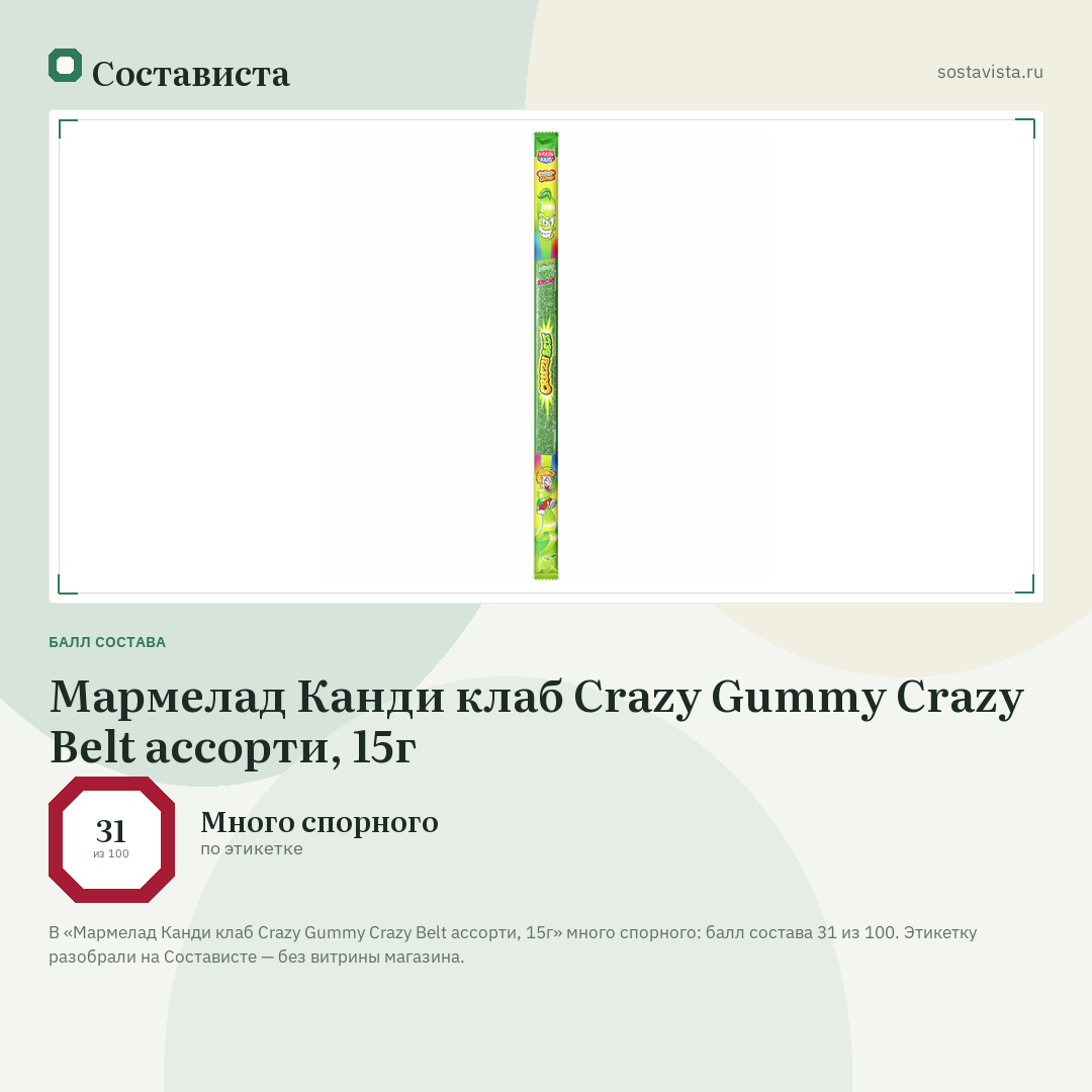 Мармелад Канди клаб Crazy Gummy Crazy Belt ассорти, 15г: балл состава 31 из 100 — Состависта